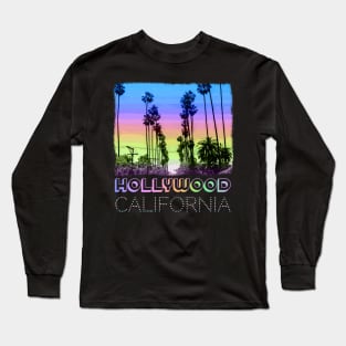 Hollywood, California Palm Trees neon sunset retro design Long Sleeve T-Shirt